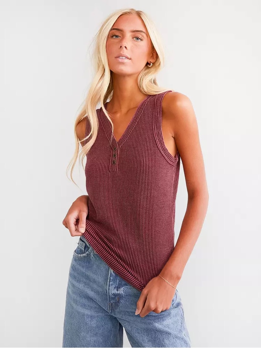 BKE Ribbed Henley Tank Top in Burgundy - Picture 1 of 5